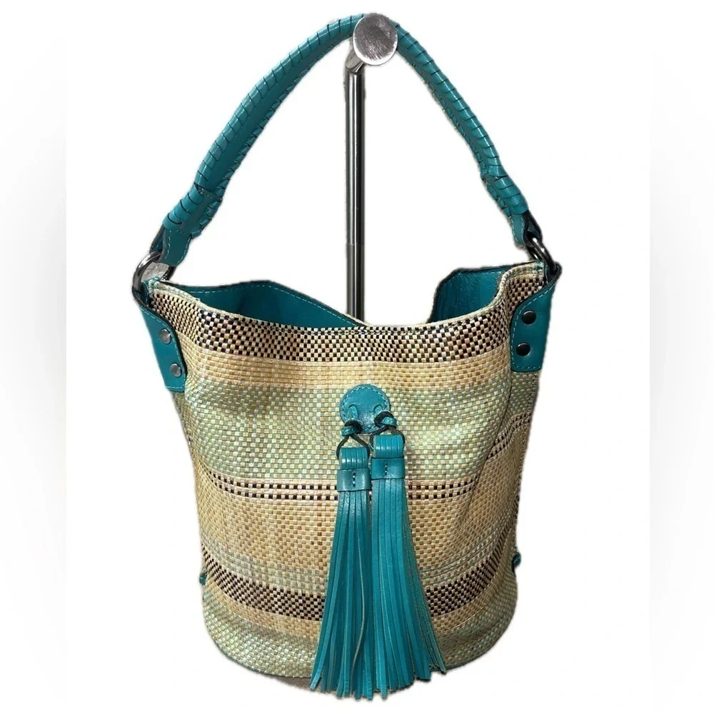 Patricia Nash Octavia Leather Blue Teal & Beige Women's Wicker Woven Tote
